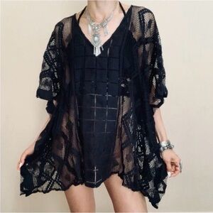 Free People Black Sheer Crochet Kimono Top